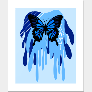 Blue Swallowtail Butterfly with Abstract Dripping Blue Background Pattern, Made by EndlessEmporium Posters and Art